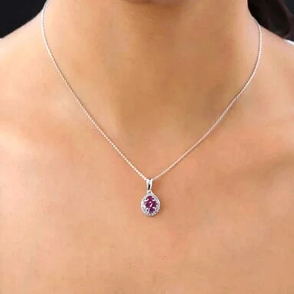 Natural Ruby & Natural White Zircon Style Necklace In 925 Sterling Silver - Picture 6 of 11